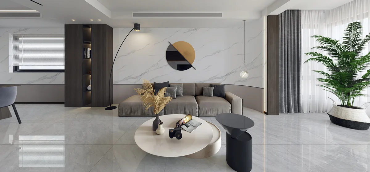 Grey ceramic surface in a room setting