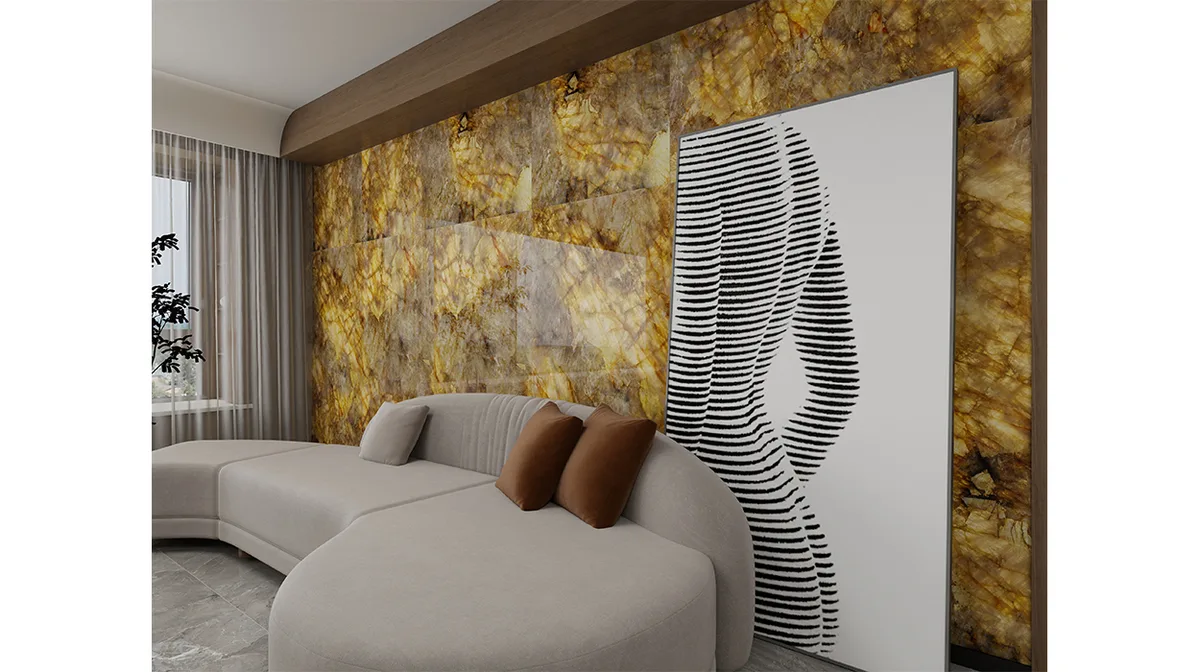 Amber Glacier ceramic surface in a room setting
