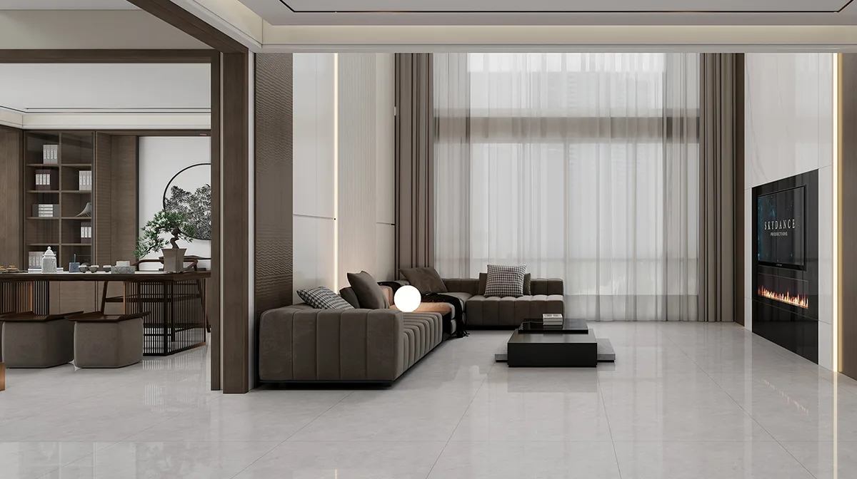 Qilin Grey ceramic surface in a room setting