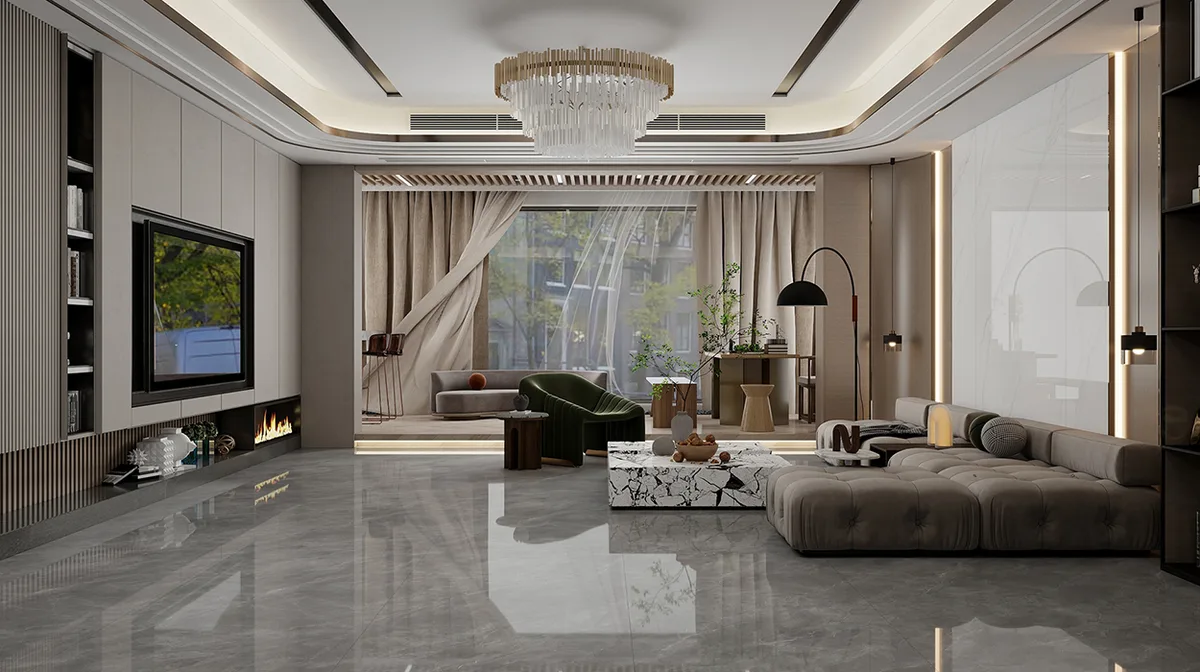 Meteorite Grey ceramic surface in a room setting