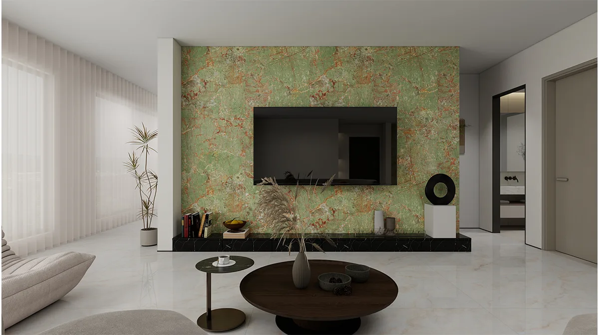 Amazon Green ceramic surface in a room setting