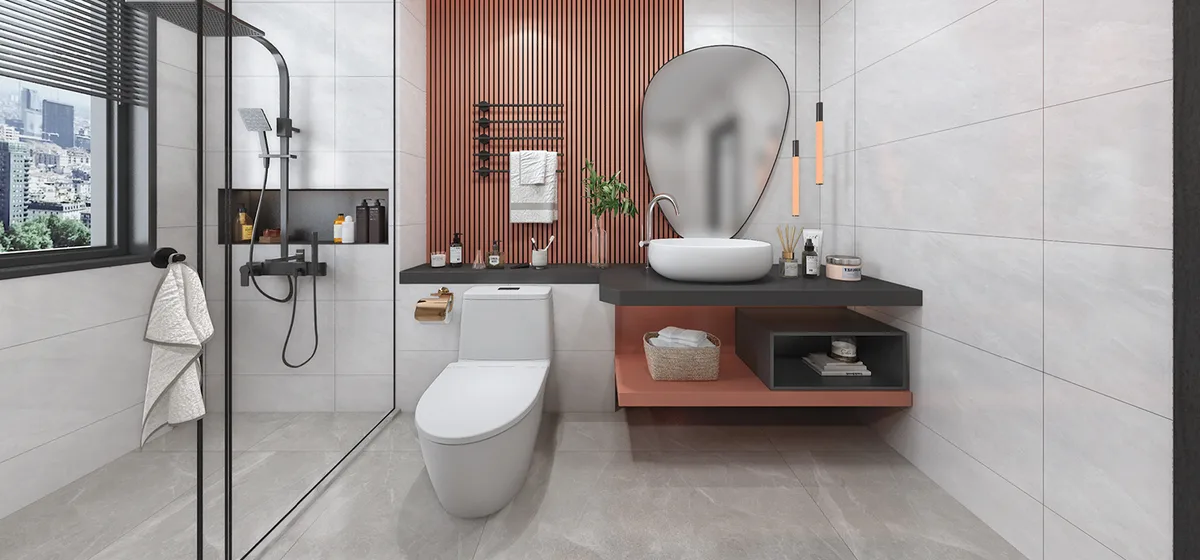 Grey ceramic surface in a room setting