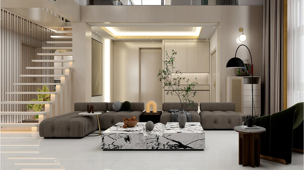 Caucasus Grey ceramic surface in a room setting