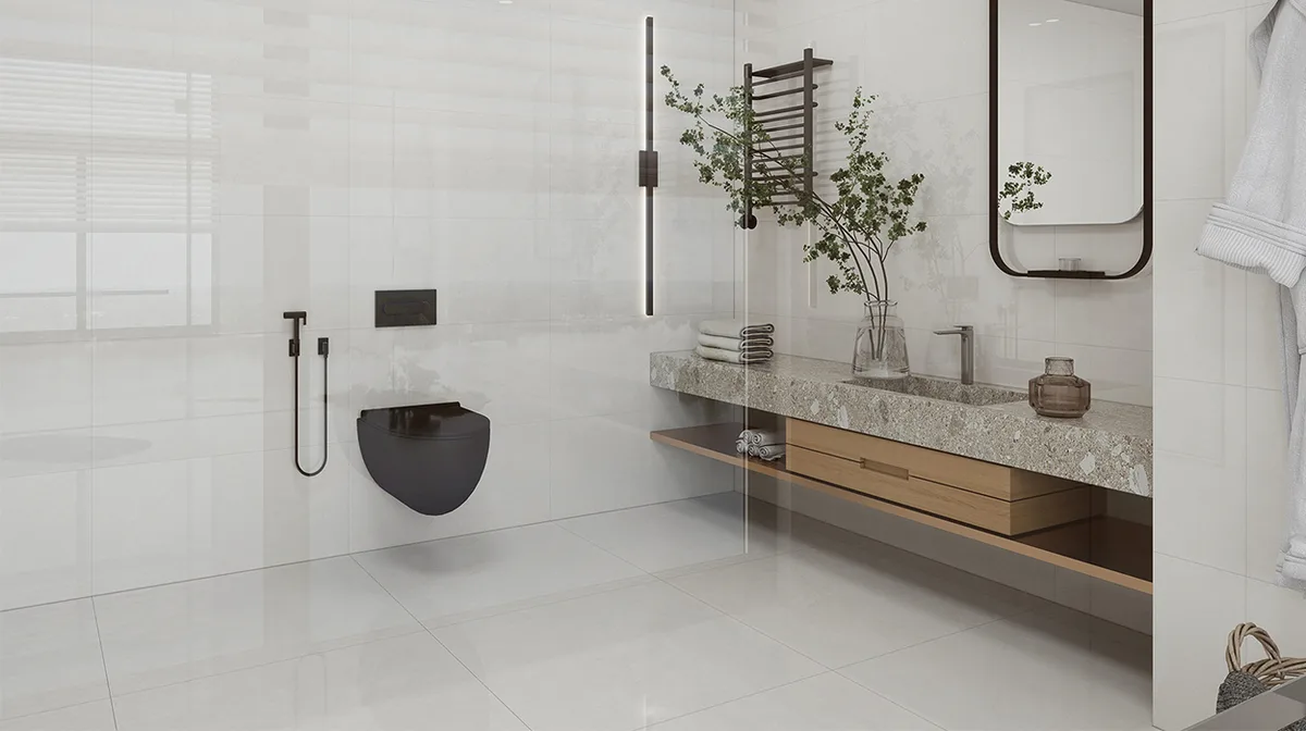 Xinglan Grey ceramic surface in a room setting