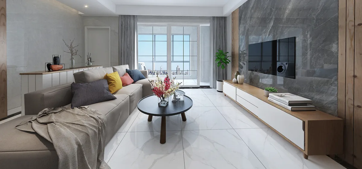 Calacatta White ceramic surface in a room setting
