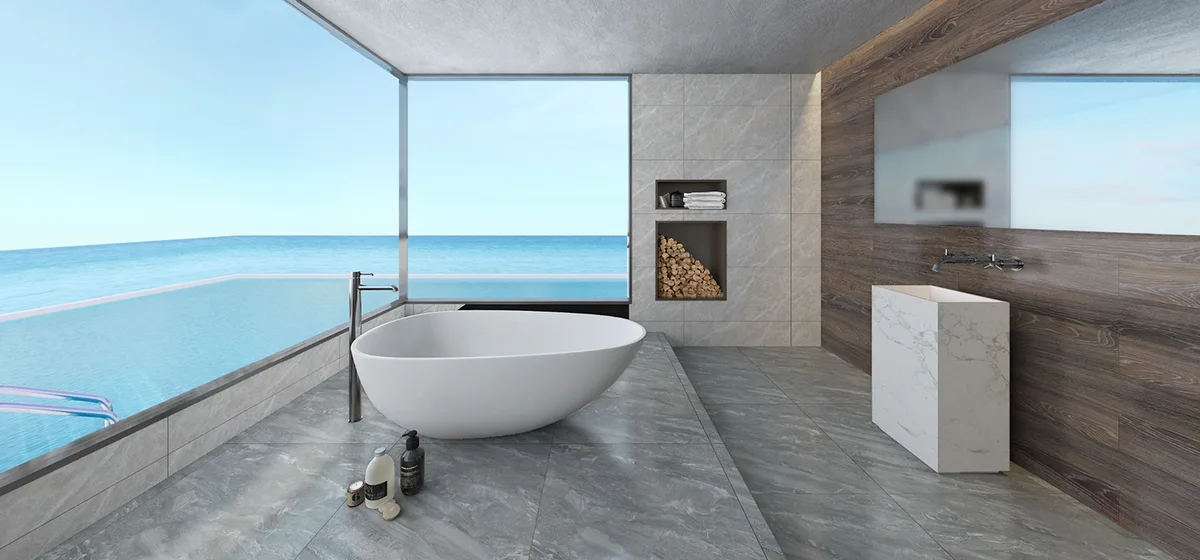 Grey ceramic surface in a room setting
