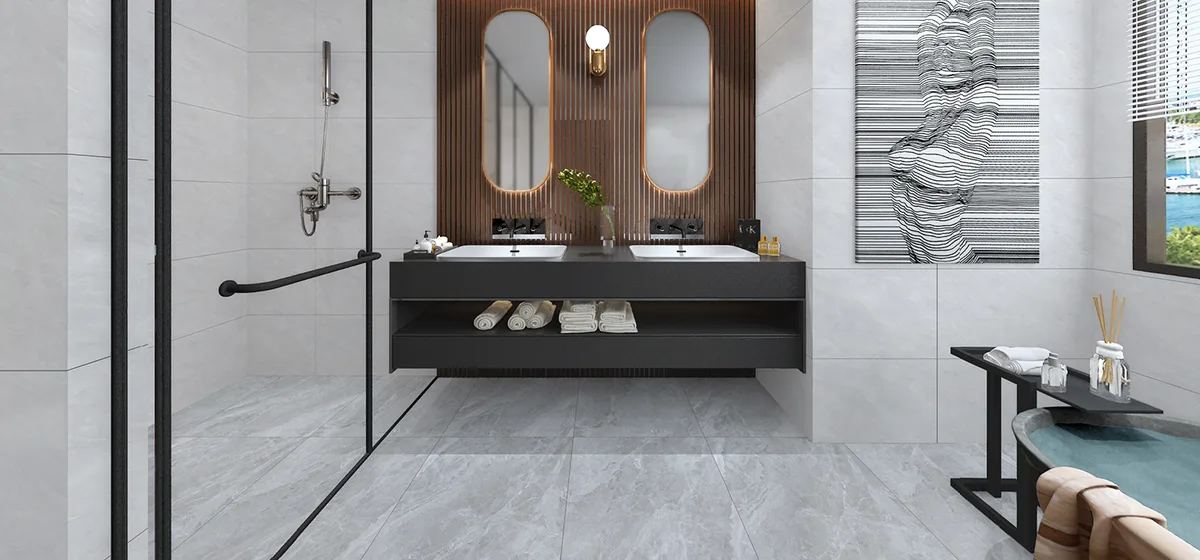 Grey ceramic surface in a room setting