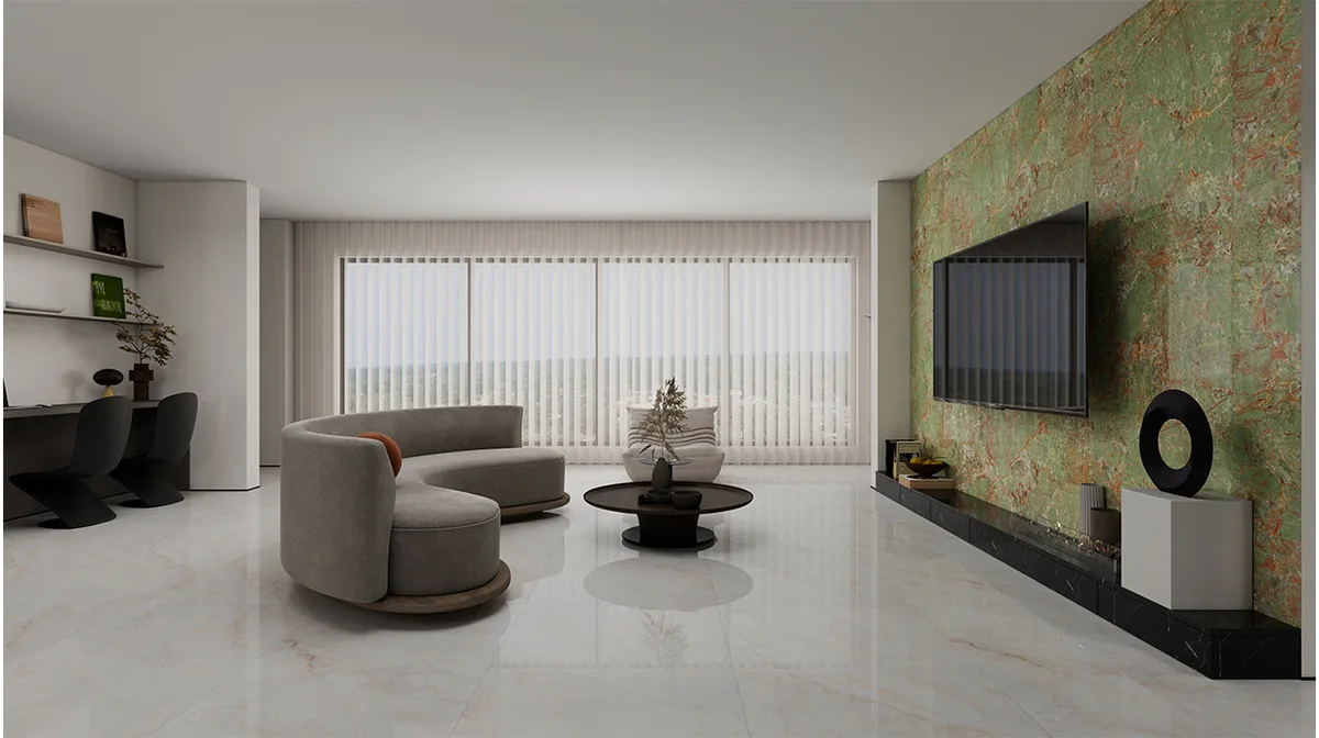 Amazon Green ceramic surface in a room setting