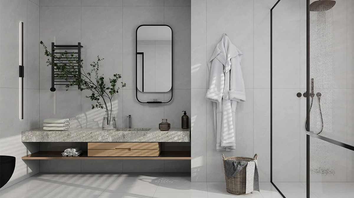 Gran Cloud Grey ceramic surface in a room setting