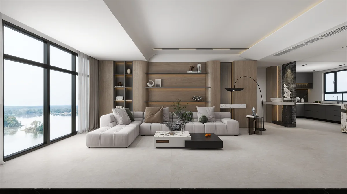Dark Grey Limestone ceramic surface in a room setting