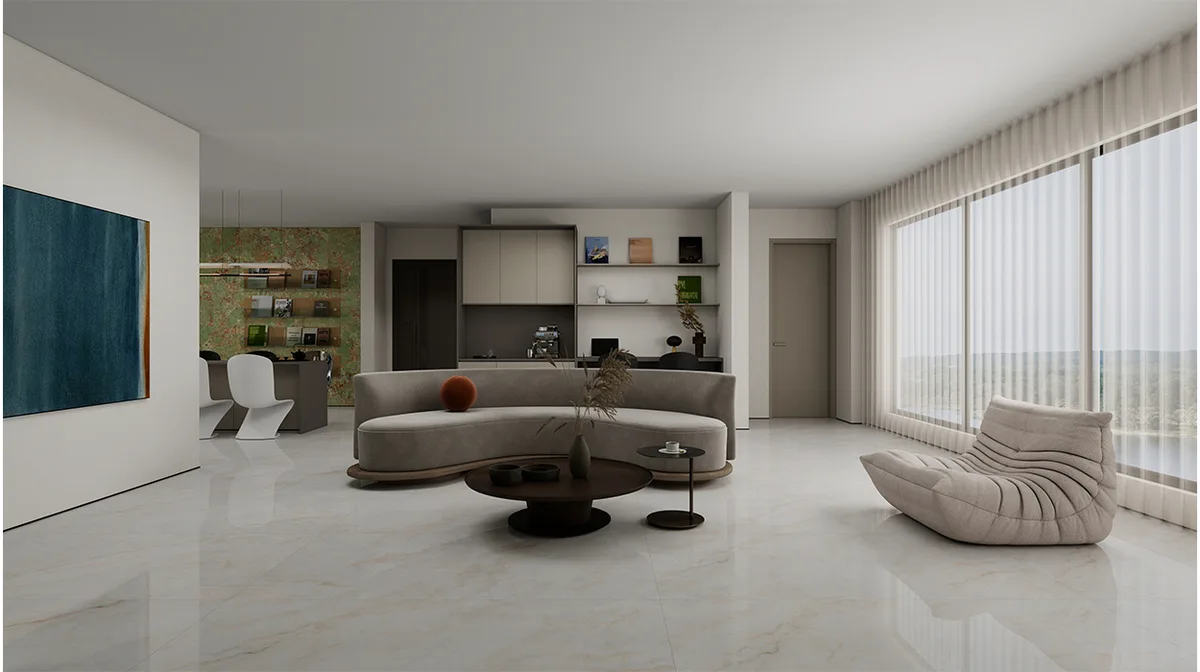 Amazon Green ceramic surface in a room setting