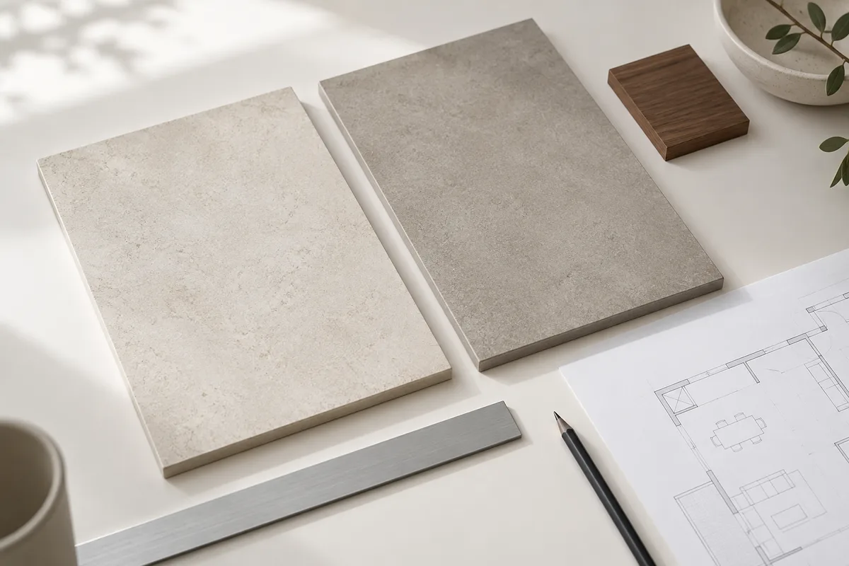 Ivory and grey sample boards beside a pencil, straightedge and unlabelled room drawing