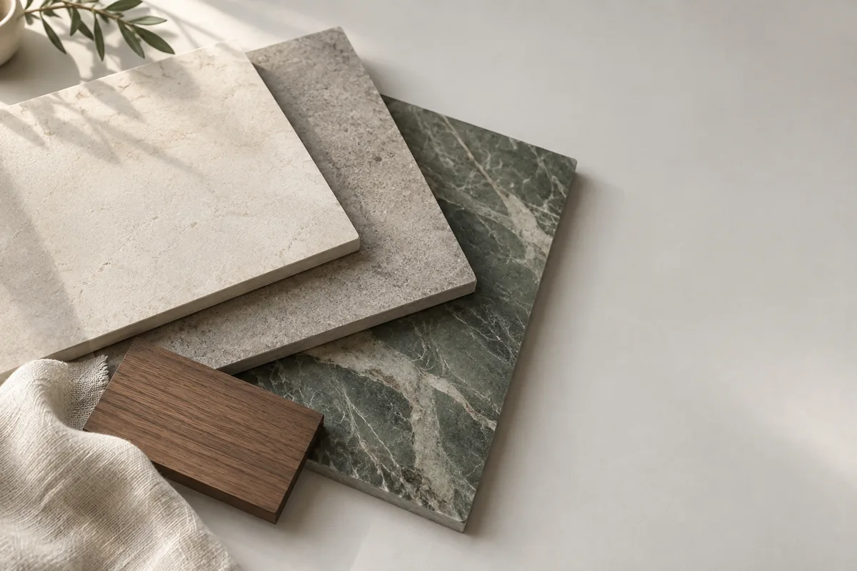 Ceramic samples arranged with timber, linen and mineral colour references
