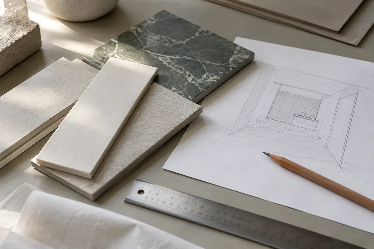 Ceramic samples, a room sketch, pencil and straightedge arranged on a planning desk
