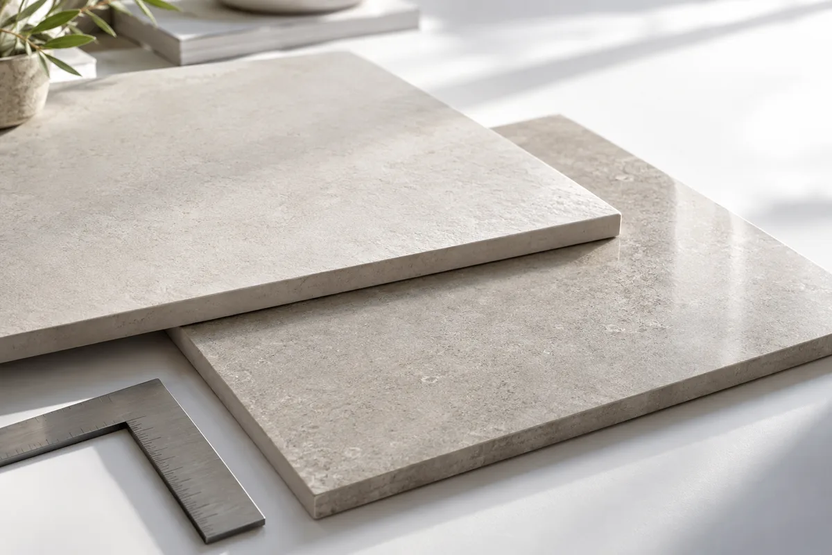 Pale ceramic samples in grazing daylight on an architect's table